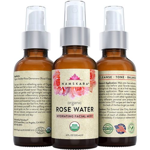  NAMSKARA USDA Organic Rose Water Facial Toner Astringent - Anti Aging Hydrating Primer & Makeup Face Setting Spray Mist from Fresh Moroccan Rose Petal Water - 100% Natural Cleanser for Glow