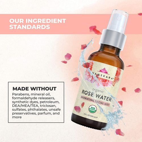 NAMSKARA USDA Organic Rose Water Facial Toner Astringent - Anti Aging Hydrating Primer & Makeup Face Setting Spray Mist from Fresh Moroccan Rose Petal Water - 100% Natural Cleanser for Glow