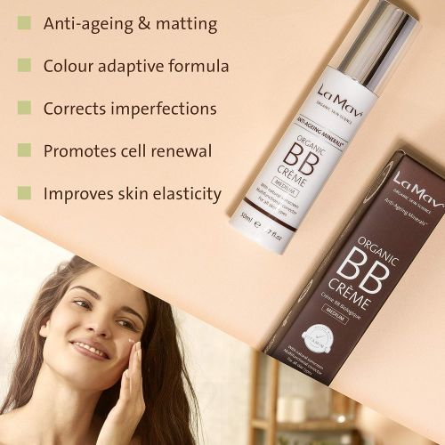  La Mav Organic BB Cream Medium - All In One Organic Tinted Sunscreen, Foundation and Natural Tinted moisturizer - Fresh and Flawless Skin Instantly - Natural BB Cream for Medium Dark Colo