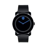 Movado Mens BOLD TR90 Watch with Sunray Dot and Leather Strap, Black/Blue (Model 3600307)