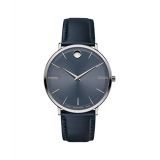 Movado Mens Ultra Slim Grey Mid Pvd Case with a Blue Dial on a Navy Calfskin Strap (Model:0607400)