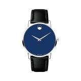 Movado Mens Museum Stainless Steel Watch with Concave Dot, Silver/Blue/Black Strap (Model 607270)
