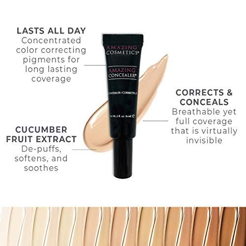  Amazing Cosmetics Amazing Concealer, full coverage long wear concealer makeup for undereye dark circles, acne, blemishes and spots, color correcting shades, melts into skin for mos