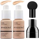 SuperThinker 2 Colors PHOERA Liquid Foundation,Matte Full Coverage Foundation Makeup with Mushroom Head Applicator, Oil Control Flawless Concealer Cover Facial Blemish Foundation Makeup for Wom