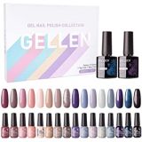 Gellen Gel Nail Polish Kit 16 Colors With Top Base Coat - Popular Nude Grays Nail Gel Collection, Solid Sparkles Glitters UV Pastel Fall Winter Nail Gel Colors Manicure Set