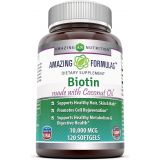 Amazing Nutrition Amazing Formulas Biotin 10,000 mcg with Extra Virgin Organic Coconut Oil, 120 Softgels (Non-GMO,Gluten Free) - Supports Healthy Hair, Skin & Nails - Promotes Cell Rejuvenation