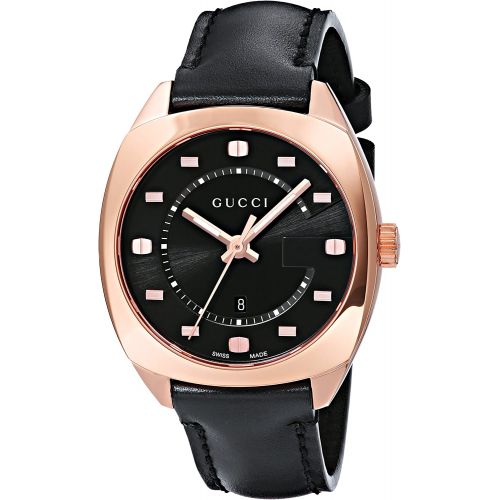 구찌 Gucci Swiss Quartz Gold-Tone and Leather Dress Black Mens Watch(Model: YA142407)