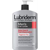 Lubriderm Mens 3-In-1 Unscented Lotion Enriched with Soothing Aloe for Body and Face, Non-Greasy Post Shave Moisturizer, Fragrance-Free, 16 fl. oz
