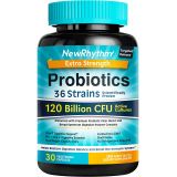 NewRhythm Probiotics 120 Billion CFU 36 Strains, 3-in-1 Digestive & Immune Support with Prebiotics & Enzymes, Targeted Release, Stomach Acid Resistant, No Refrigeration, Non-GMO, V