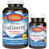 Carlson - Cod Liver Oil Gems, 460 mg Omega-3s + Vitamins A & D3, Wild-Caught Norwegian Arctic Cod Liver Oil, Sustainably Sourced Nordic Fish Oil Capsules, Lemon, 150+30 Softgels