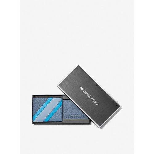 마이클코어스 Michael Kors Mens Logo and Faux Leather Stripe Wallet With Passcase Gift Set