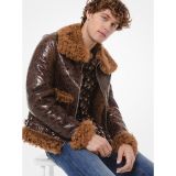 Michael Kors Mens Distressed Patent Leather Shearling Jacket