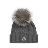 MONCLER Cable Wool & Cashmere Beanie with Genuine Fox Fur Pom_GREY