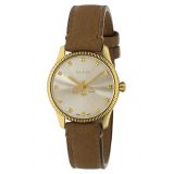 GUCCI G-Timeless Bee Leather Strap Watch, 32mm_BROWN/ GOLD