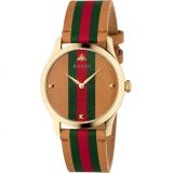 GUCCI G-Timeless Leather Strap Watch, 38mm_BROWN/ GREEN/ GOLD
