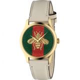 GUCCI G-Timeless Bee Leather Strap Watch, 38mm_WHITE/ GREEN/ RED/ GOLD
