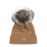 MONCLER Cable Wool & Cashmere Beanie with Genuine Fox Fur Pom_CAMEL