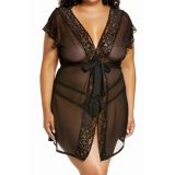 Mapale Lace Trim Mesh Robe with G-String Thong_BLACK