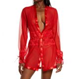 Mapale Mesh & Lace Robe & G-String Thong Set_RED