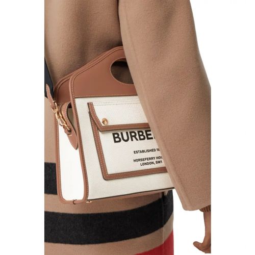 버버리 Burberry Small Two-Tone Canvas & Leather Pocket Bag_NATURAL/MALTBROWN
