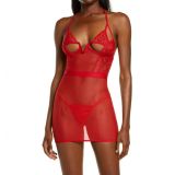 Mapale Lace & Mesh Underwire Chemise & G-String Thong Set_RED