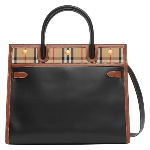 버버리 Burberry Medium Title Leather & Vintage Check Two-Handle Bag_Black