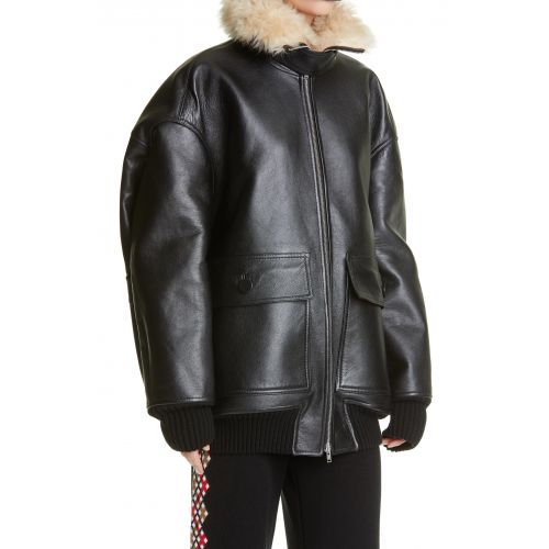 마르니 Marni Oversize Leather Bomber Jacket with Genuine Shearling Collar_BLACK