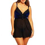 iCollection Microfiber & Lace Chemise & G-String Thong Set_NAVY-BLUE