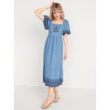 Fit & Flare Flutter-Sleeve Tie-Back Chambray Midi Dress for Women