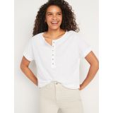 Short-Sleeve Crinkled Slub-Knit Henley Easy T-Shirt for Women