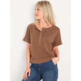 Short-Sleeve Cropped Crinkled Slub-Knit Henley T-Shirt for Women