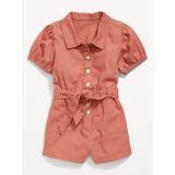Puff-Sleeve Tie-Front Utility Romper for Toddler Girls