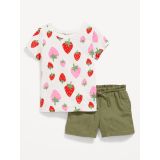 Printed T-Shirt and Solid Shorts Set for Toddler Girls Hot Deal