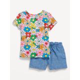 Printed T-Shirt and Solid Shorts Set for Toddler Girls