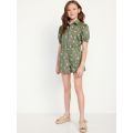 Puff-Sleeve Button-Front Romper for Girls