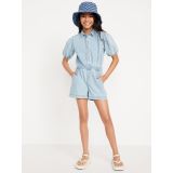 Puff-Sleeve Utility Jean Romper for Girls
