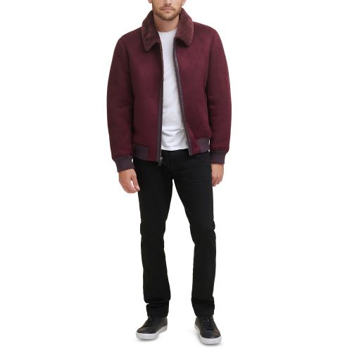 DKNY Mens Faux Shearling Bomber Jacket with Faux Fur Collar