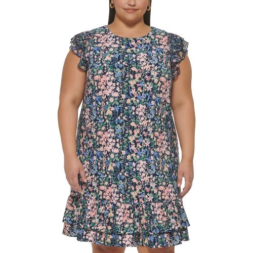 타미힐피거 Plus Size Floral-Print Flutter-Sleeve Dress