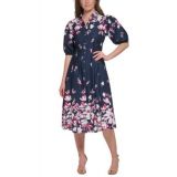 Womens Cotton Puff-Sleeve Floral Midi Dress