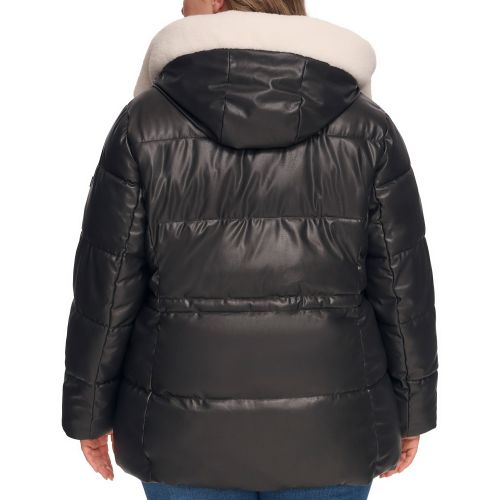 DKNY Womens Plus Size Faux-Leather Faux-Shearling Hooded Anorak Puffer Coat