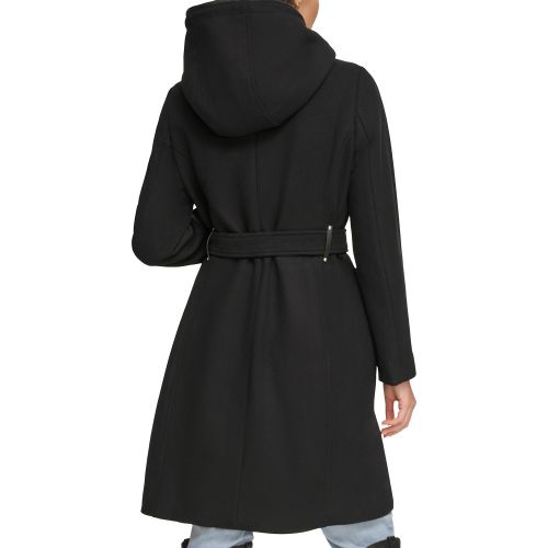 DKNY Womens Faux-Fur Hooded Wool Blend Belted Coat