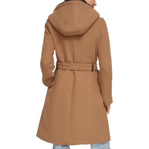 DKNY Womens Faux-Fur Hooded Wool Blend Belted Coat