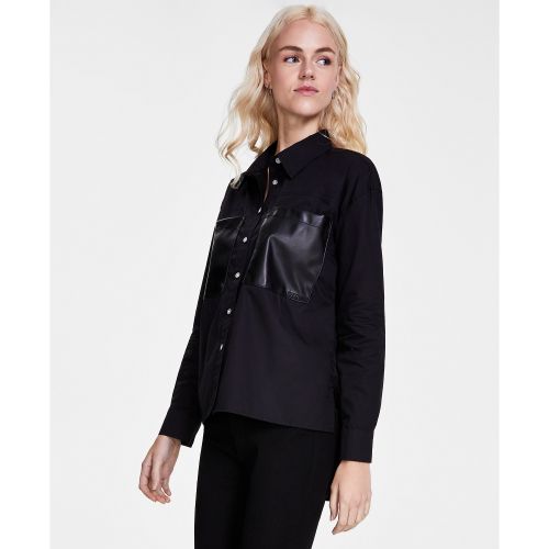 DKNY Womens Faux-Leather-Pocket High-Low Shirt