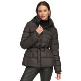 Womens Rope Belted Hooded Puffer Coat