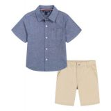 Toddler Boys Prewashed Printed Chambray Short Sleeve Shirt and Twill Shorts 2 Piece Set