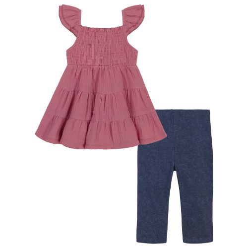  Baby Girls Smocked Tiered Muslin Tunic and Stretch Capri Leggings Set