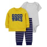Baby Boys Good Vibes Little Pullover Bodysuit and Pants 3 Piece Set