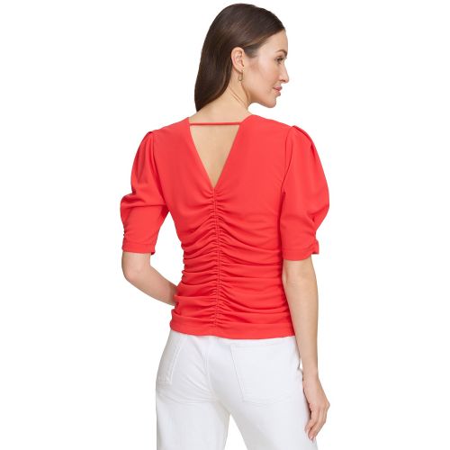 DKNY Womens V-Neck Ruched Knit Elbow-Sleeve Top