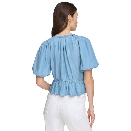 DKNY Womens Zip-Front Puff-Sleeve Blouse