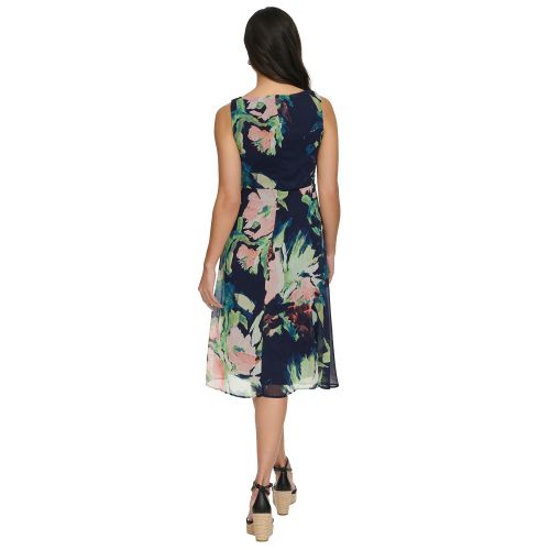 DKNY Petite Printed Boat-Neck Side-Ruched Dress